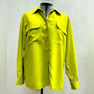 Vintage 100% Silk Lime Green Women’s Button Down Long Sleeved Collared Blouse